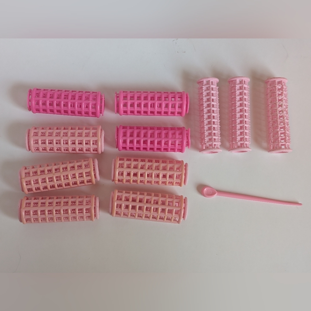 Vintage 1960s 70s Pink Snap On Mesh Grid Plastic Hair Rollers Wilhold Mixed Lot
